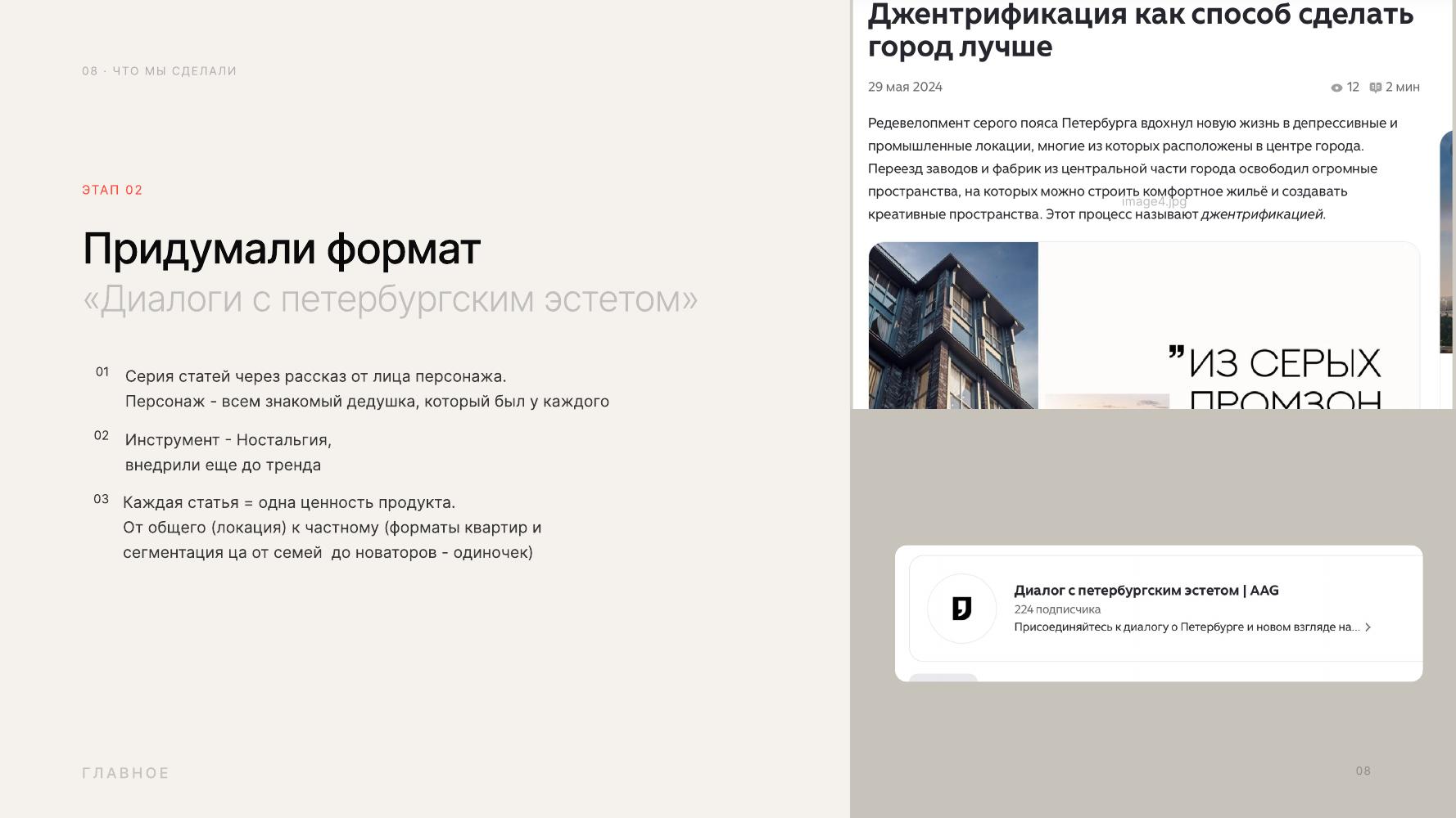 Слайд 08 из эфира: формат «Диалоги с петербургским эстетом», серия статей от лица персонажа